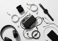 Charging cables in black and white are scattered around, connected Royalty Free Stock Photo