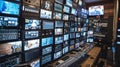 Assorted television screens cover the wall in a control room with a large soundboard. Royalty Free Stock Photo