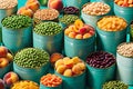 Assorted Tin Cans Containing a Variety of Foods, Such as Peas, Peaches, and Beans - Arranged on a Vibrant Surface Royalty Free Stock Photo