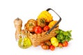 Assorted tomatoes in rustic basket