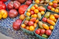 Assorted tomatoes on sale at a farmers market.