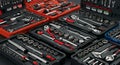 Assorted tool kits displayed in open cases, each containing various hand tools like Royalty Free Stock Photo