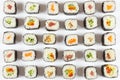 Assorted traditional sushi on white background. View from above.