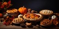 Assorted traditional Thanksgiving pies on a rustic wooden table