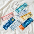 Assorted travel tickets displayed on a white surface, featuring various colors like blue, Royalty Free Stock Photo