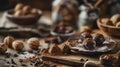 Assorted truffles and nuts on rustic table Royalty Free Stock Photo