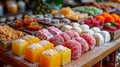 Assorted Turkish delights dusted with icing sugar on a wooden serving board. Concept of traditional Turkish confections