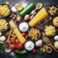 Assorted types of pasta on black background. Top view. Various forms of pasta