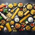 Assorted types of pasta on black background. Top view. Various forms of pasta