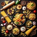 Assorted types of pasta on black background. Top view. Various forms of pasta