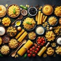 Assorted types of pasta on black background. Top view. Various forms of pasta