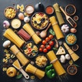 Assorted types of pasta on black background. Top view. Various forms of pasta