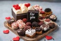 Assorted valentine's day chocolates with hearts and cupcakes Royalty Free Stock Photo