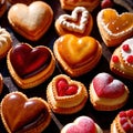 Assorted variety of heart shaped pastries, a sweet treat to celebrate romance, love and Valentine\'s day