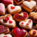 Assorted variety of heart shaped pastries, a sweet treat to celebrate romance, love and Valentine\'s day
