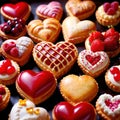 Assorted variety of heart shaped pastries, a sweet treat to celebrate romance, love and Valentine\'s day