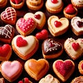 Assorted variety of heart shaped pastries, a sweet treat to celebrate romance, love and Valentine\'s day