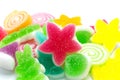 Assorted various bright candies colorful gelatin jelly sweets, gummy sugary tasty. Soft gums viewed from above.