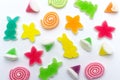 Assorted various bright candies colorful  gelatin jelly sweets, gummy sugary tasty. Soft gums viewed from above. Royalty Free Stock Photo