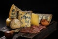 Assorted various gourmet cheeses and raw smoked sausages on a wooden board on a dark background. Various types of cheese: hard and Royalty Free Stock Photo