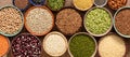 Assorted of a various of legumes, beans, grains and seeds in bowls, banner. Top view, flat lay, border