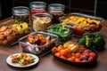 assorted vegan meal prep containers on table
