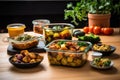 assorted vegan meal prep containers on table