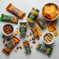 Assorted vegan snacks arranged on a gray surface include energy bars, a jar labeled