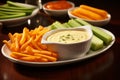 Assorted vegetable sticks with creamy hummus dip and bell pepper, cucumber, and carrot platter