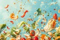 Assorted vegetables flying around in the air in a whimsical and playful manner, A whimsical illustration of food scraps being Royalty Free Stock Photo