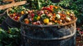 Assorted vegetables and food waste in a compost pile at a sustainable organic farm