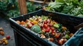 Assorted vegetables and food waste in a compost pile at a sustainable organic farm