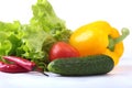 Assorted vegetables, fresh bell pepper, tomato, chilli pepper, cucumber and lettuce isolated on white background Royalty Free Stock Photo