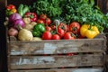 Assorted Vegetables Packed in Crate, A Bountiful Variety of Fresh Produce, A gift box mimicking a rustic wooden crate filled with Royalty Free Stock Photo