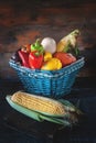 Assorted vegetables, pumpkins, zucchini, cucumbers, tomatoes, garlic, corn , pepper harvest in a beautiful wicker basket Royalty Free Stock Photo