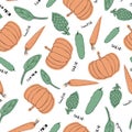 Assorted vegetables seamless pattern with pumpkin, carrotm spinach and artichoke on a white background.