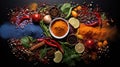Assorted vibrant spice, herb, and vegetable still life on a dark background Royalty Free Stock Photo