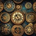 Array of Vintage Clocks on Wall. Generative AI Royalty Free Stock Photo