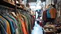 Assorted vintage clothing on hangers in a thrift shop