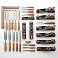 Assorted vintage and modern woodworking hand tools displayed neatly on a surface Royalty Free Stock Photo