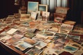 assorted vintage postcards spread out on desk