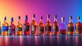 Assorted whiskey bottles on gradient purple background, frontal view for elegant display