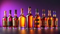 Assorted whiskey bottles on purple gradient backdrop, frontal view for elegant display