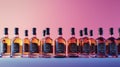 Assorted whiskey bottles on purple gradient background, frontal view arrangement for elegant display