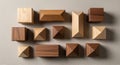 Assorted wooden geometric shapes arranged on Royalty Free Stock Photo