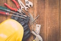 Assorted work tools on wood