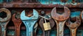 Assorted Wrenches Hanging on Rusty Wall Royalty Free Stock Photo