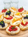 Assorterd fish roe mini sandwiches on plate and glasses of vodka aside Royalty Free Stock Photo