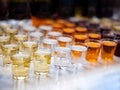 Assortiment of Strong alcoholic drinks, hard liquors, spirits and distillates in glasses: vodka, cognac, whiskey and other. Hard Royalty Free Stock Photo