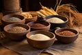 assortment of ancient grains in wooden bowls